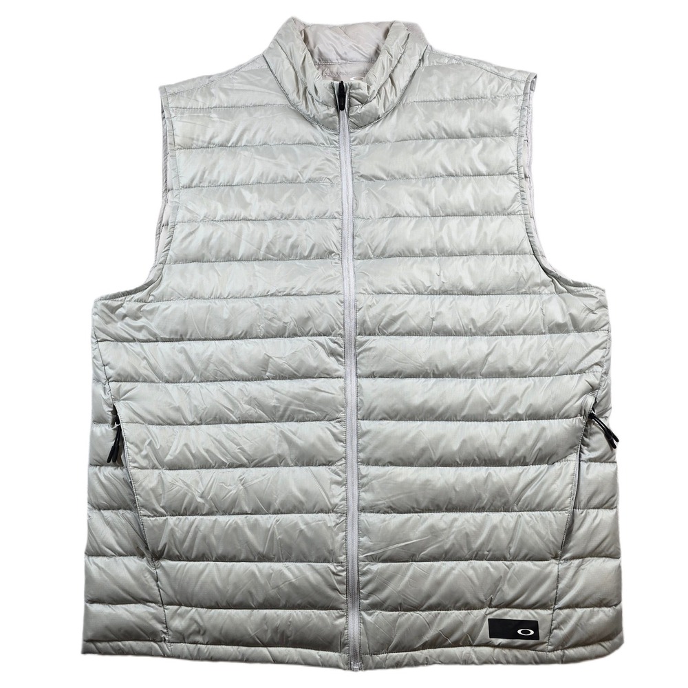 Oakley Duck Down Puffer Vest Mens 2XL Light Grey Nylon Quilted Zip Regular Fit
